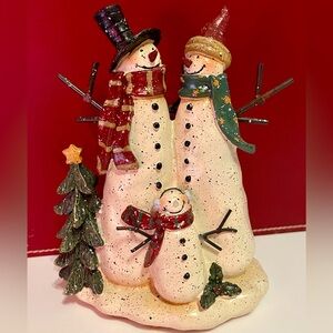 Charming Snowman Family Resin Figurine with Tree - 6.5”